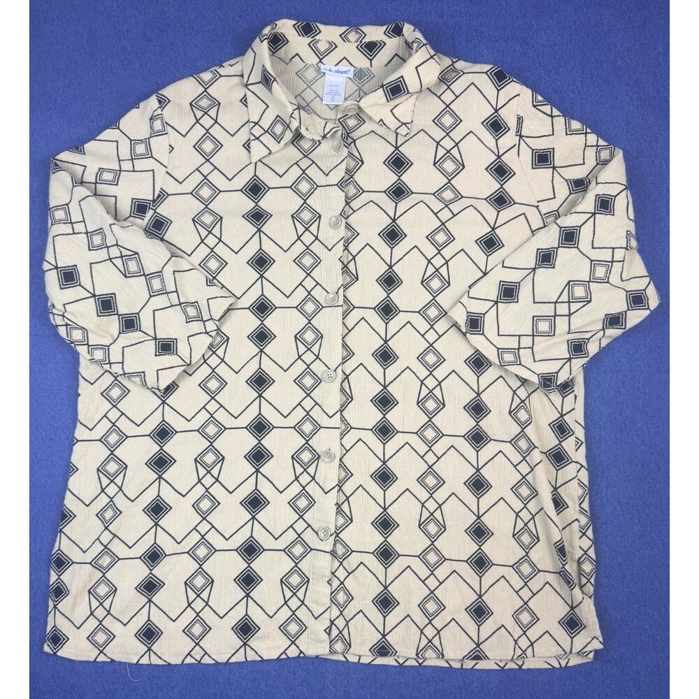 Vicki Wayne Womens XL Geometric Button Down Shirt 100% Cotton Black Beige